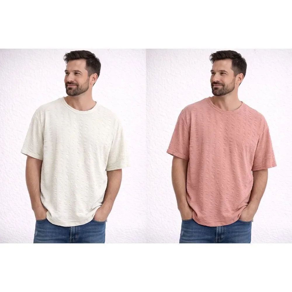 Fashion Nova Men Textured T-Shirt Set 2 Pieces XL Cream & Pink Short Sleeve Casu
